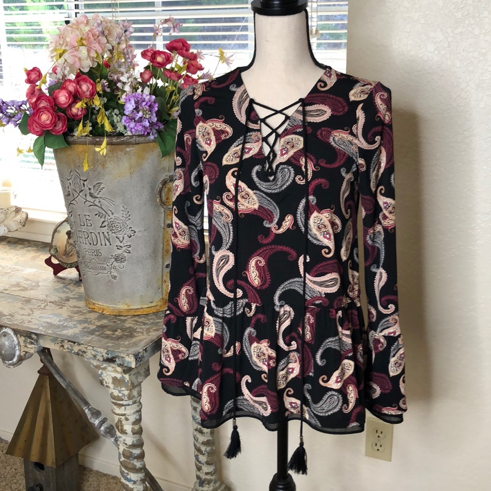 White House Black Market Black and Pink Tie Front Blouse